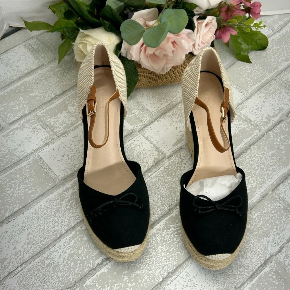 Black and Cream Ankle-Strap Espadrille Flats